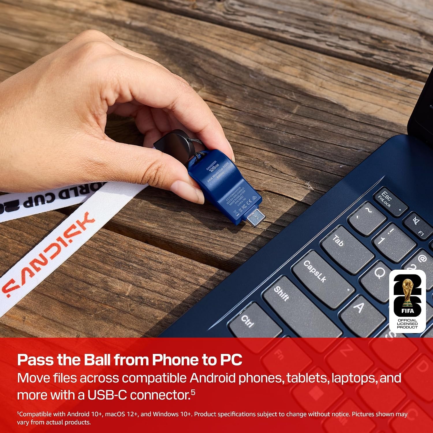 image:imageSANDISK 128GB USBC Flash Drive FIFA World Cup 2026 Edition Up to 300MBs Transfer speeds USB 32 Gen 1 USB TypeC Black with Custom Lanyard amp Sticker SDCZIA128GG46Blue