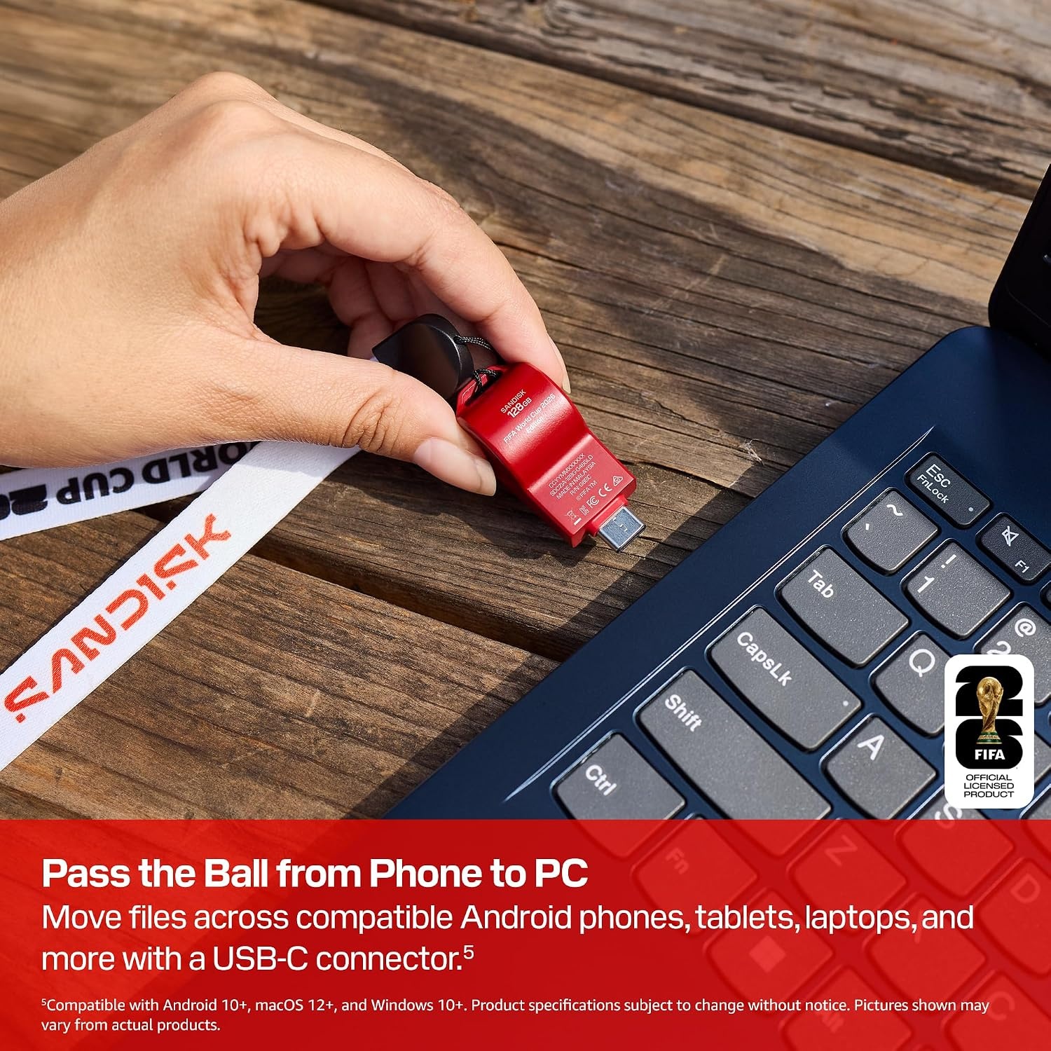 image:imageSANDISK 128GB USBC Flash Drive FIFA World Cup 2026 Edition Up to 300MBs Transfer speeds USB 32 Gen 1 USB TypeC Black with Custom Lanyard amp Sticker SDCZIA128GG46Red