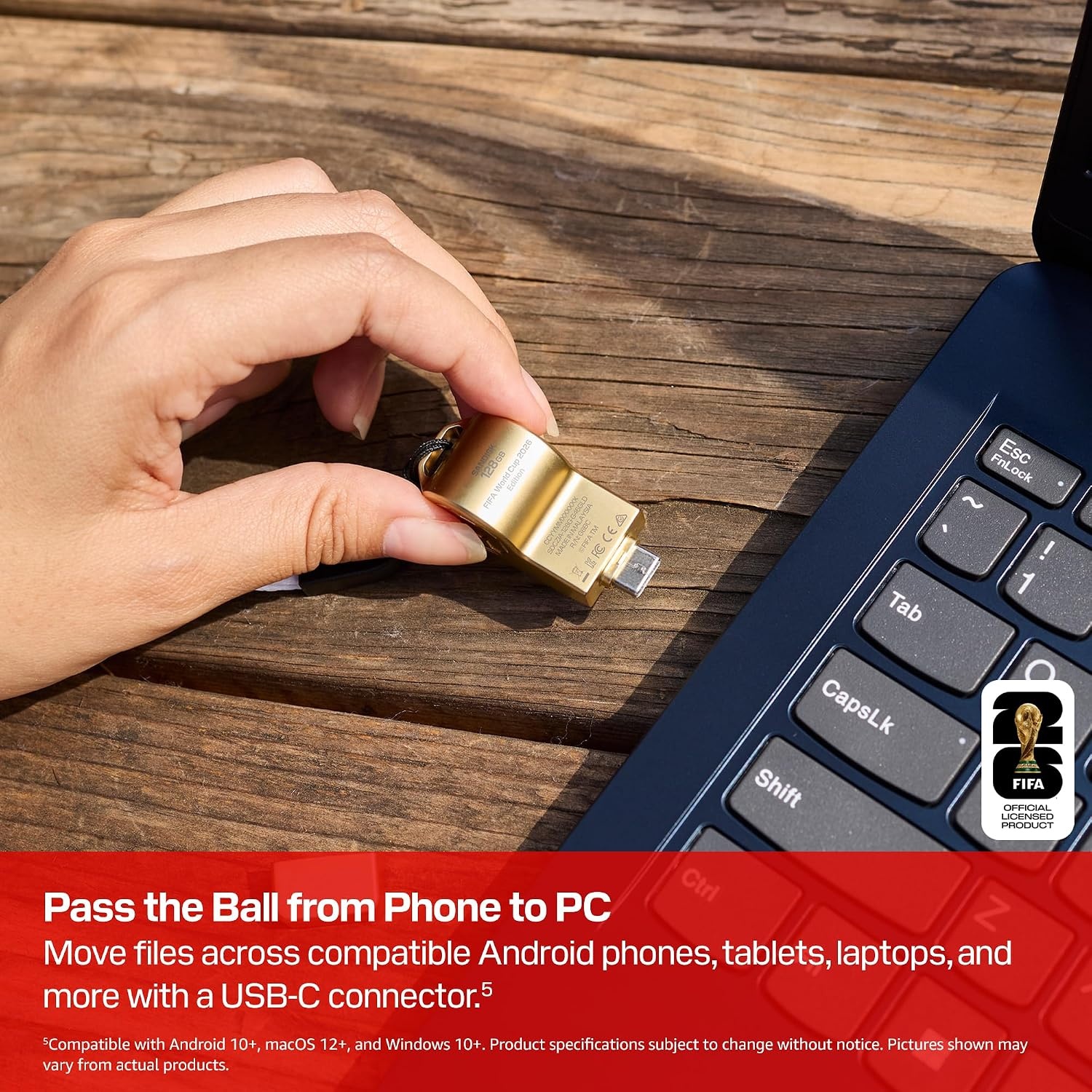 image:imageSANDISK 128GB USBC Flash Drive FIFA World Cup 2026 Edition Up to 300MBs Transfer speeds USB 32 Gen 1 USB TypeC Black with Custom Lanyard amp Sticker SDCZIA128GG46Gold