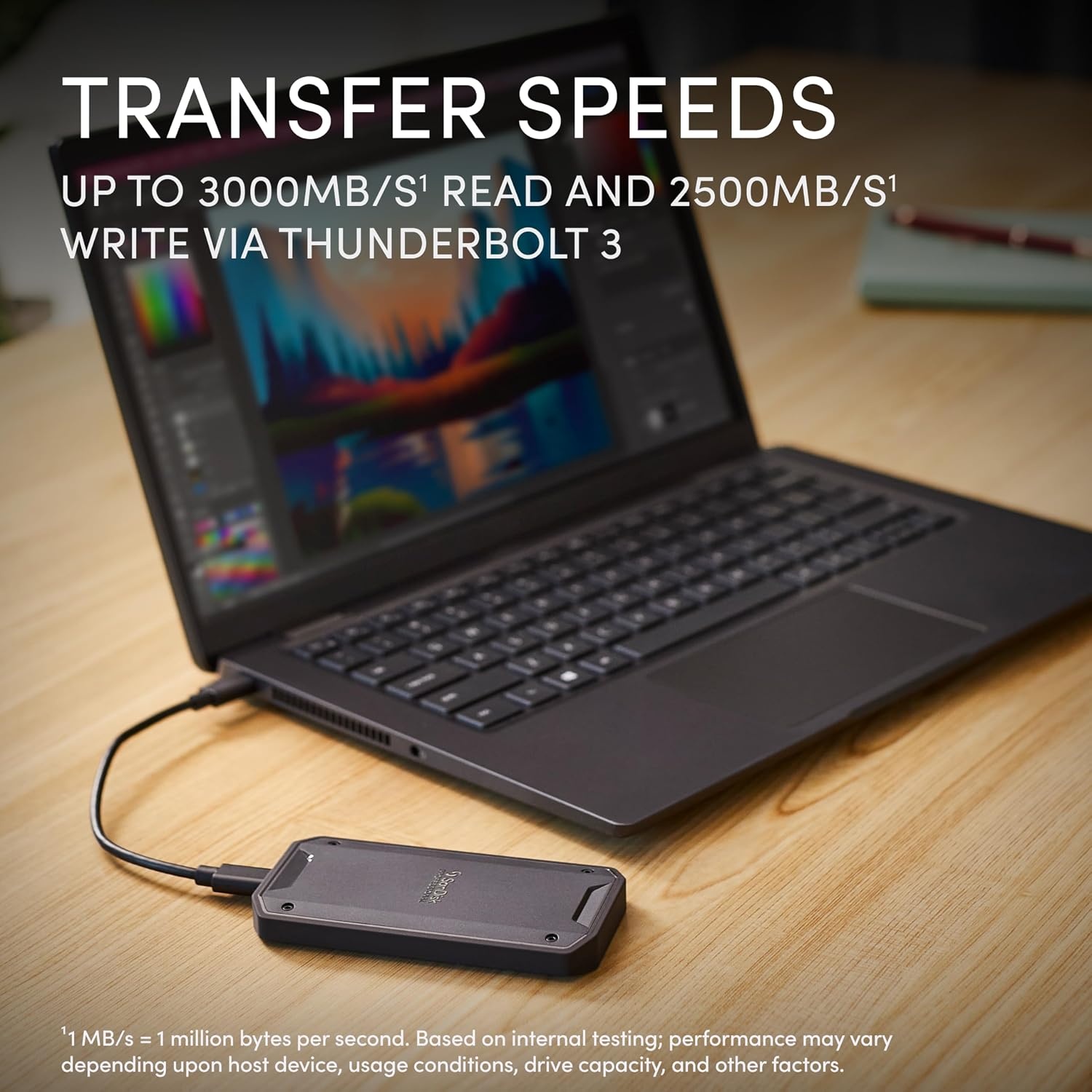 image:imageSANDISK Professional 1TB PROG40 SSD Up to 3000MBs Thunderbolt 3 40Gbps USBC 10Gbps IP68 dustWater Resistance External Solid State Drive SDPS31H001TGBCND Up to 3000MB per S Read Thunderbolt 3 and USBC IP68 Water and Dust 3m Drop and 4000lb Crush 5Yr Warranty4TB